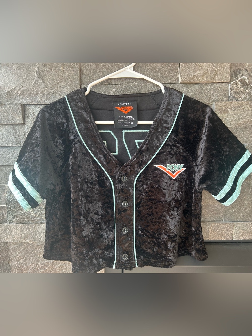 Forever 21 Black Velvet Baseball Crop Top with Mint Piping